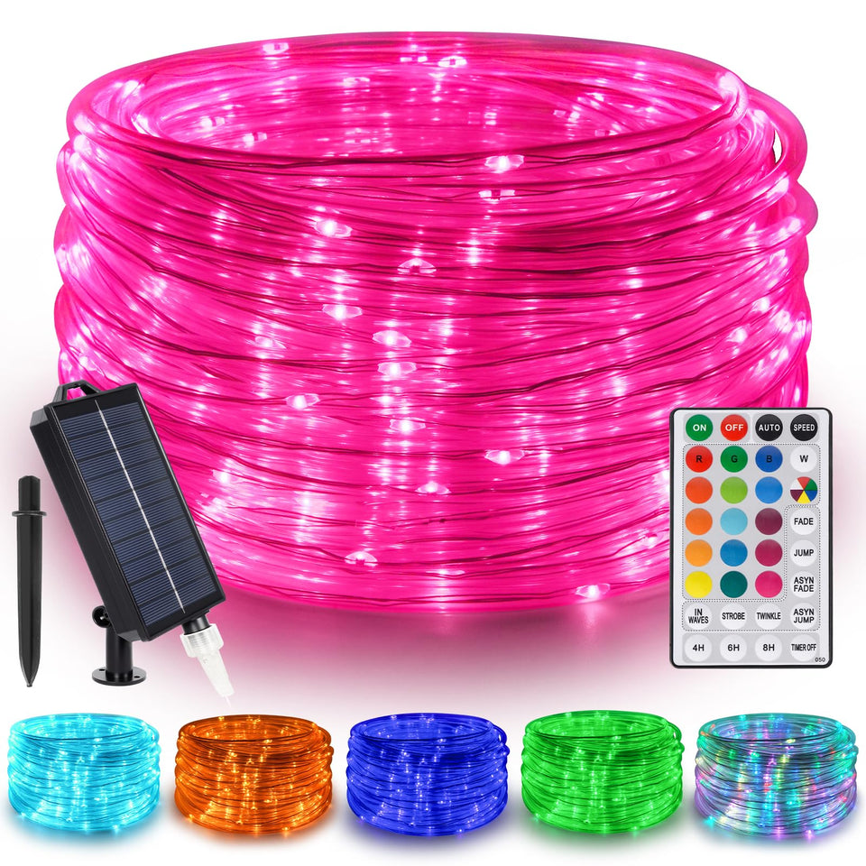 Gwvoxm 50ft 150 LED solar rope light with color spectrum for versatile outdoor lighting.