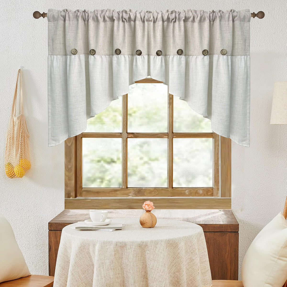 Gxi beige linen curtain swag with rustic farmhouse style and button detail
