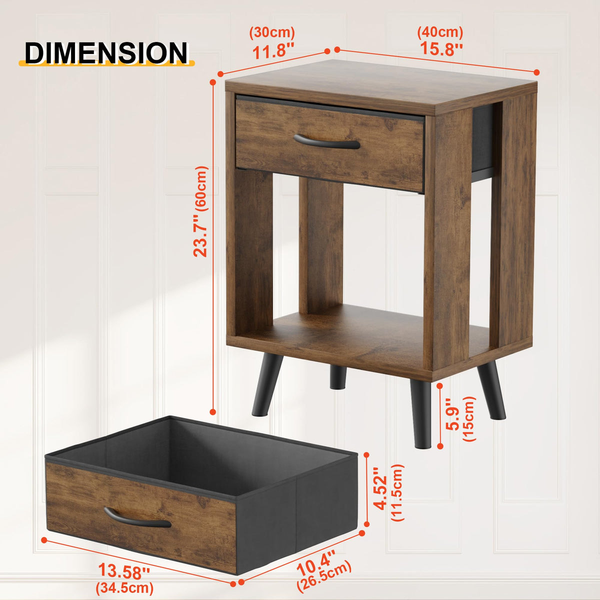GYIIYUO nightstand with dimensions 15.7 by 11.8 by 23.6 inches beside the bed.