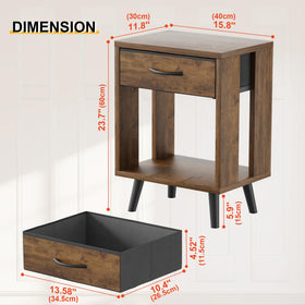 GYIIYUO nightstand with dimensions 15.7 by 11.8 by 23.6 inches beside the bed.