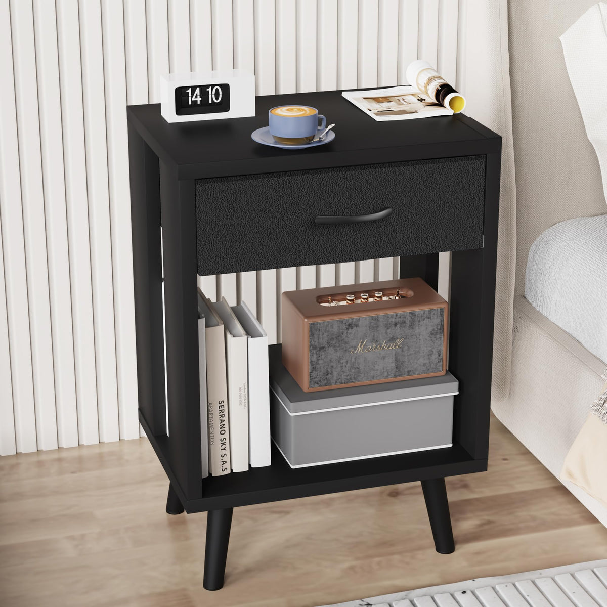 GYIIYUO nightstand open wood shelf detail for easy daytime access.