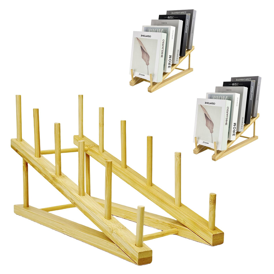 GYSLEOT wood book stand three-pack for easy tabletop display and organization.