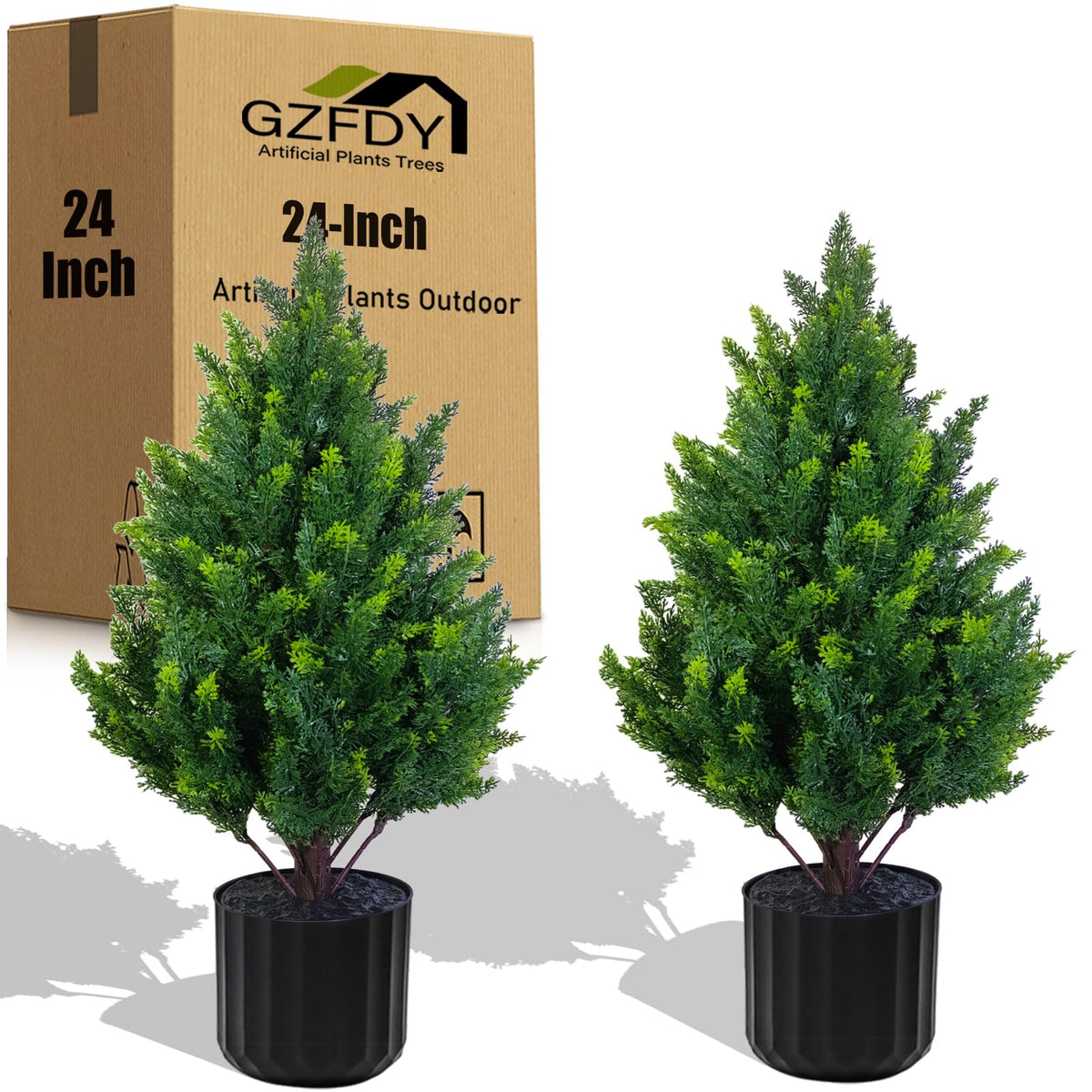 GZFDY 3ft artificial cedar topiary two-pack, front view with natural texture and vibrant color.