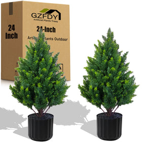GZFDY 3ft artificial cedar topiary two-pack, front view with natural texture and vibrant color.
