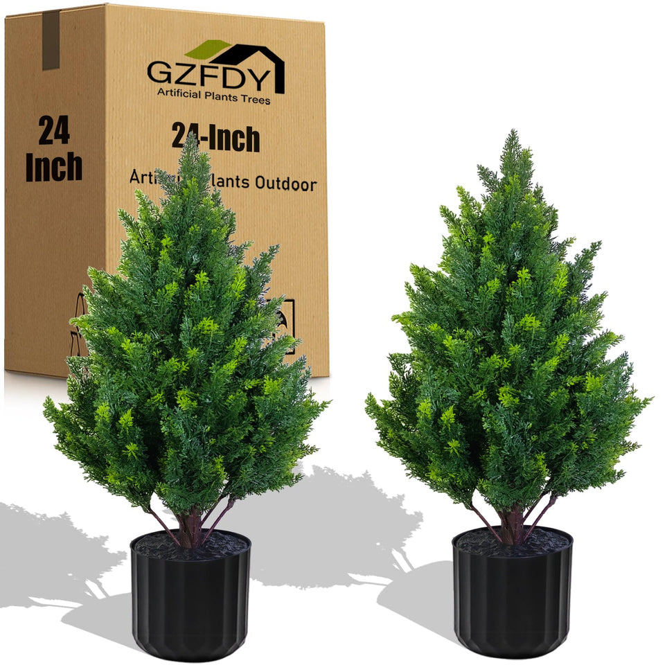 GZFDY 3ft artificial cedar topiary two-pack, front view with natural texture and vibrant color.