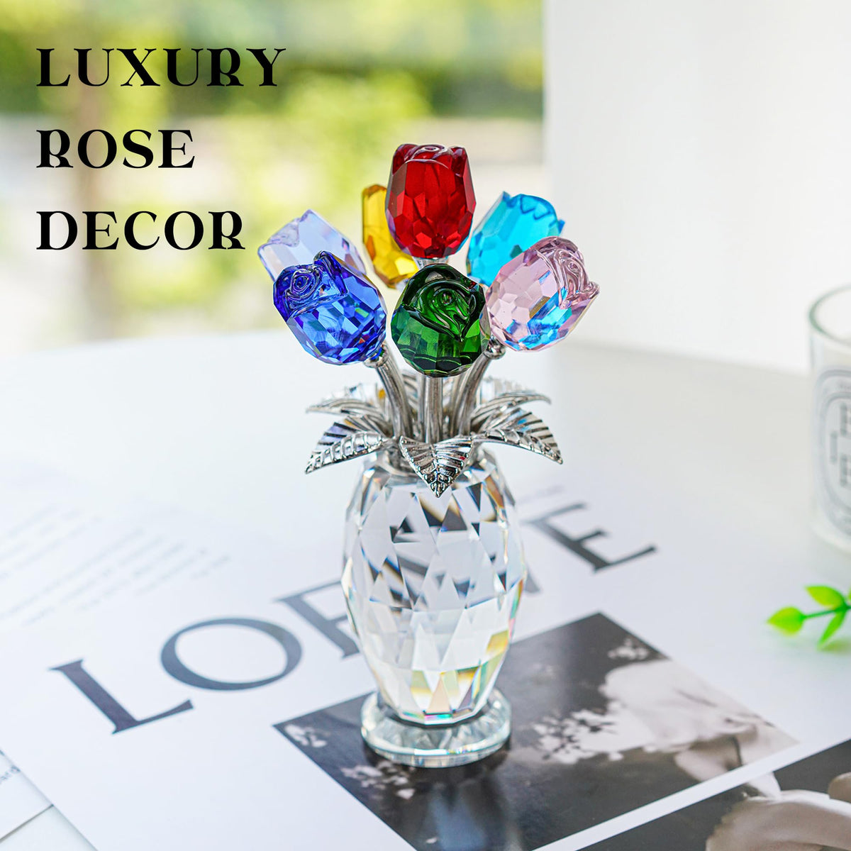 HD Hyaline Dora crystal rose figurine vase and stem display for desk or shelf