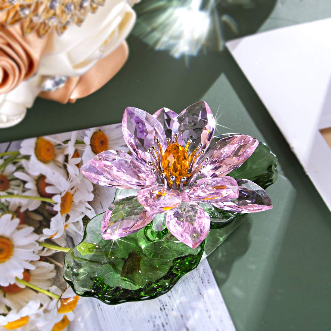 H&D Hyaline & Dora pink sparkle crystal lotus shines on a sunny windowsill
