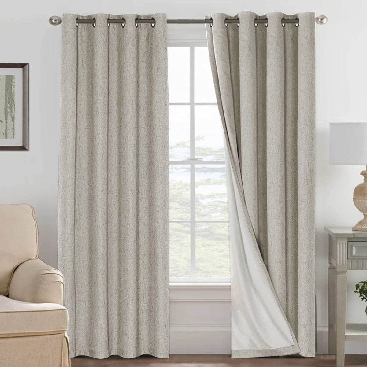 H.VERSAILTEX blackout drapes in textured fabric block light and enhance privacy.