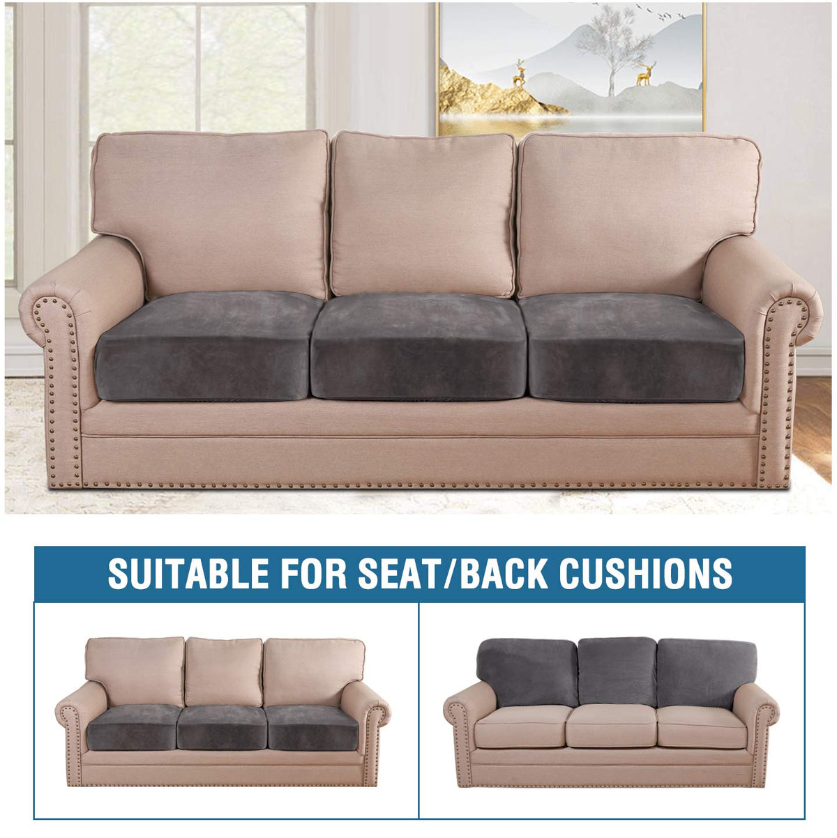 Demonstrates universal fit for square, T-, and L-cushions