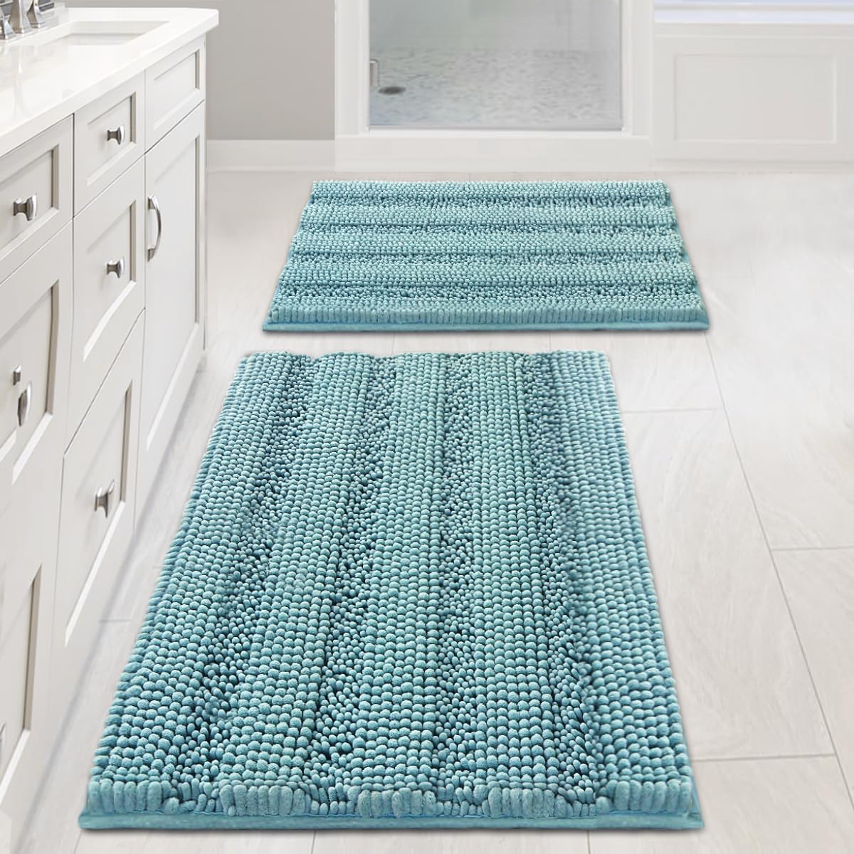 H.VERSAILTEX Aqua Haze bath rug 32x20 shows plush chenille for soft, cozy steps.
