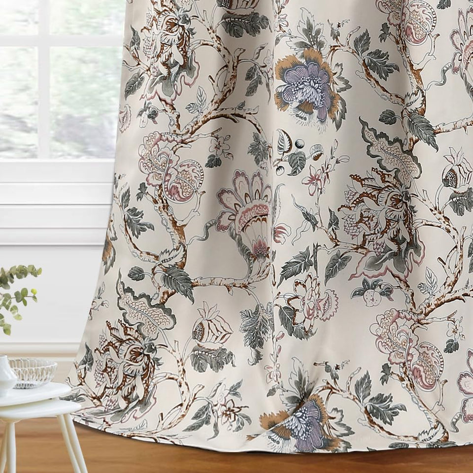 H.VERSAILTEX floral print curtains in sage and brown reduce glare in living room