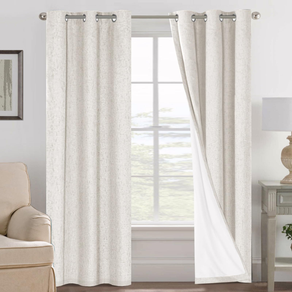 H.VERSAILTEX ivory blackout curtains in two panels for light control.