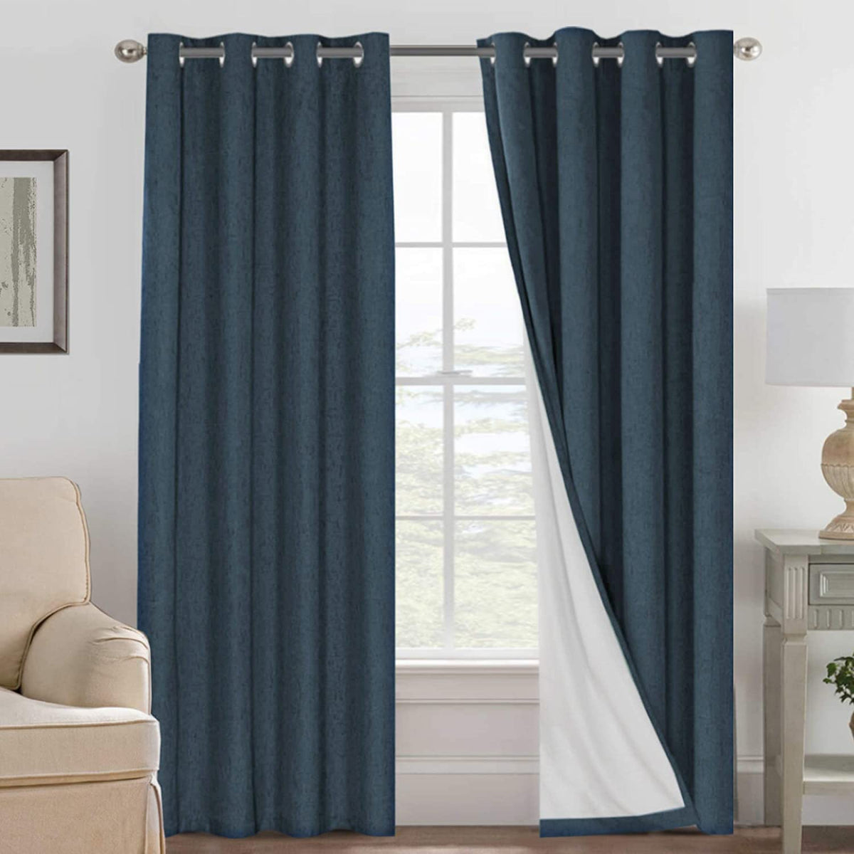 H.VERSAILTEX linen blackout curtains Navy front view for privacy and style.