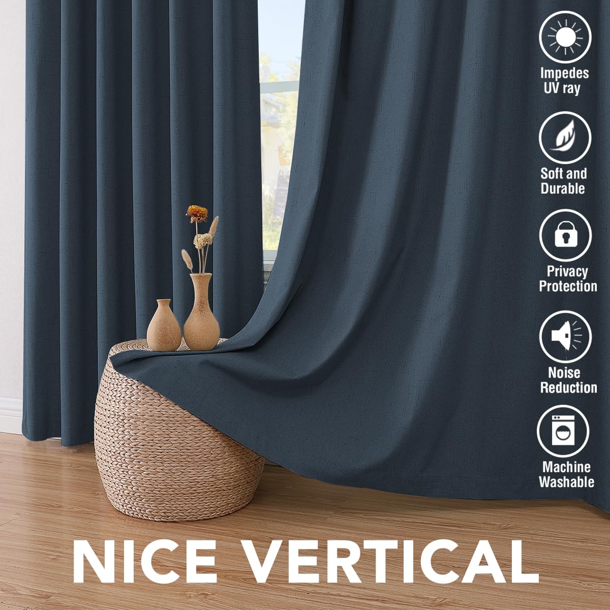 H.VERSAILTEX navy drapery room ambience and added privacy.