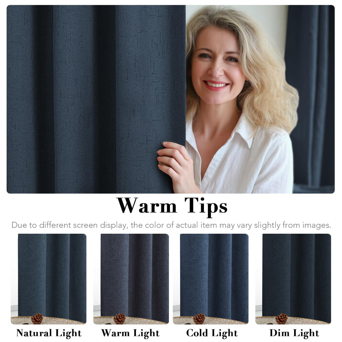 H.VERSAILTEX navy blackout with white liner back for light diffusion.