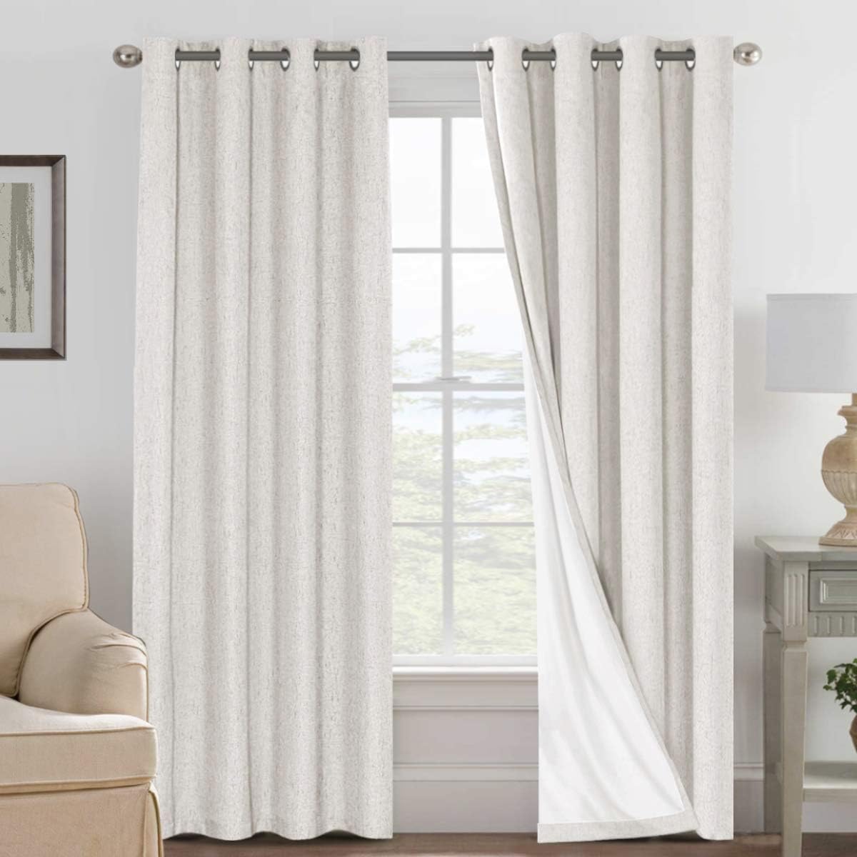 H.VERSAILTEX linen curtains with 100% blackout ivory two panels providing privacy and sun blocking