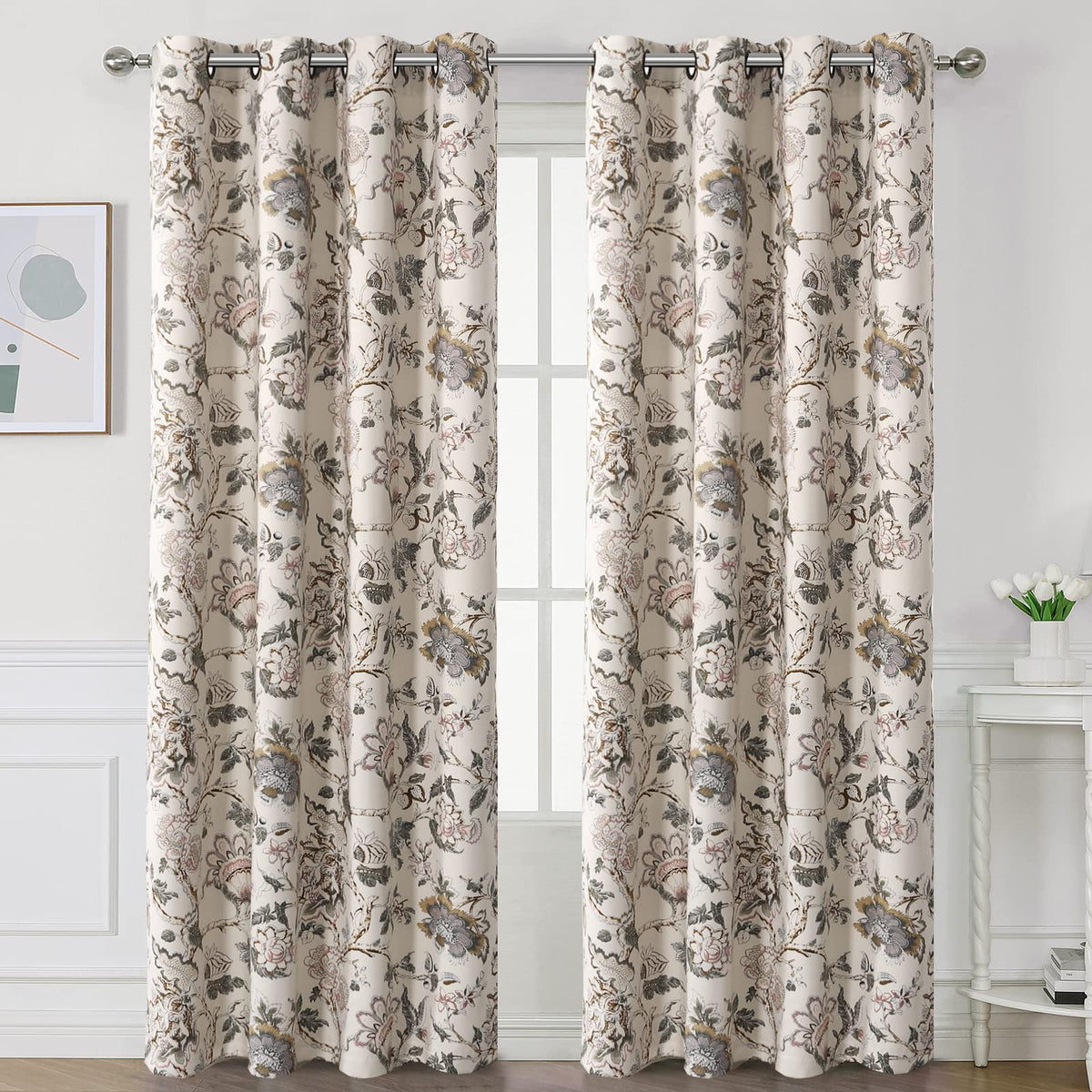 H.VERSAILTEX living room setup with floral drapes adds privacy and ambiance.