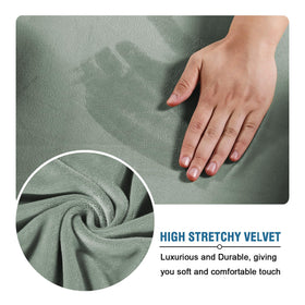 H.VERSAILTEX modern velvet slipcover on sofa with sea grass color.