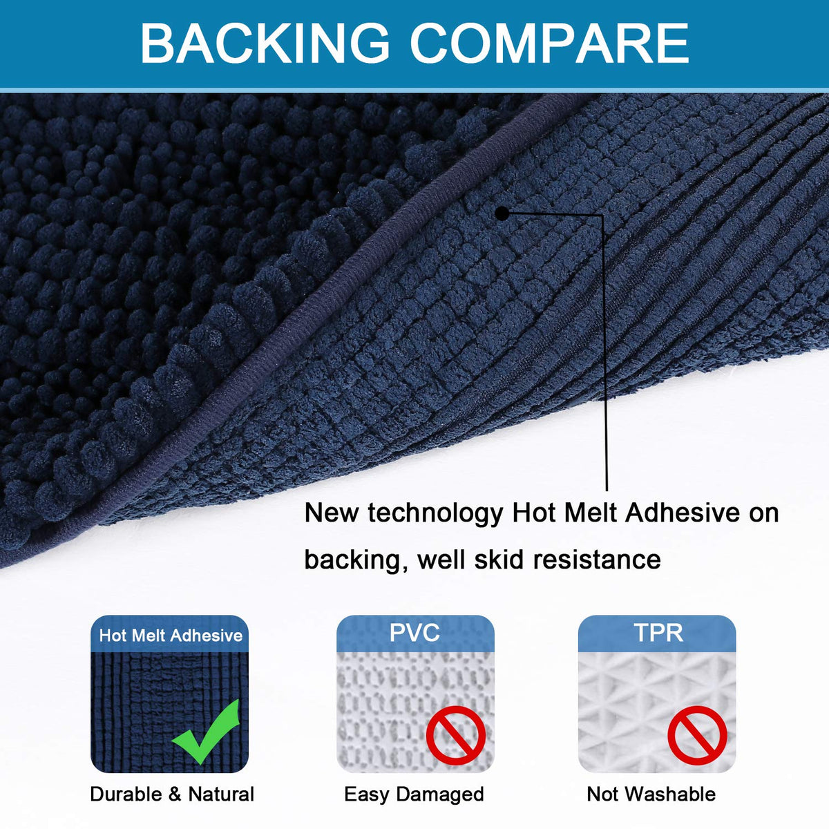 Non-slip backing helps keep mats in place for safer bathroom routines.