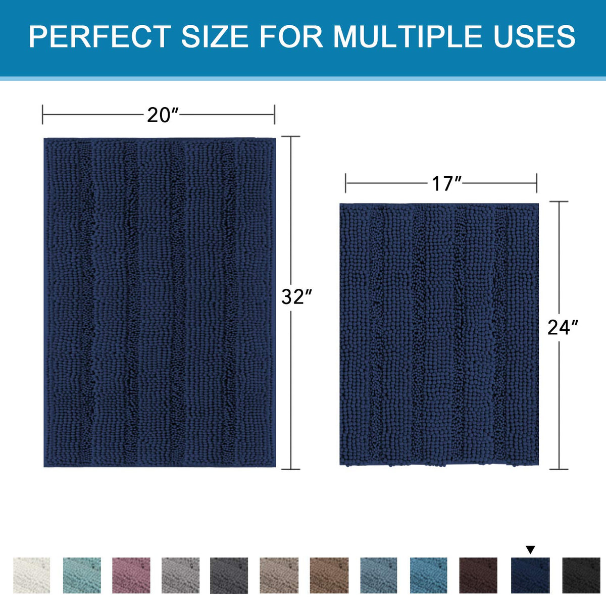 Vibrant navy stripes add decorative flair while coordinating with towels.