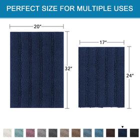 Vibrant navy stripes add decorative flair while coordinating with towels.