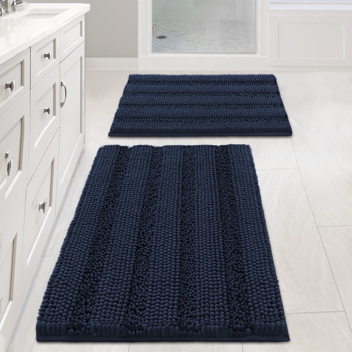 H.VERSAILTEX navy blue bath rug set with stripe pattern adds cozy luxury to bathrooms.