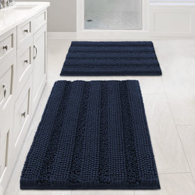 H.VERSAILTEX navy blue bath rug set with stripe pattern adds cozy luxury to bathrooms.