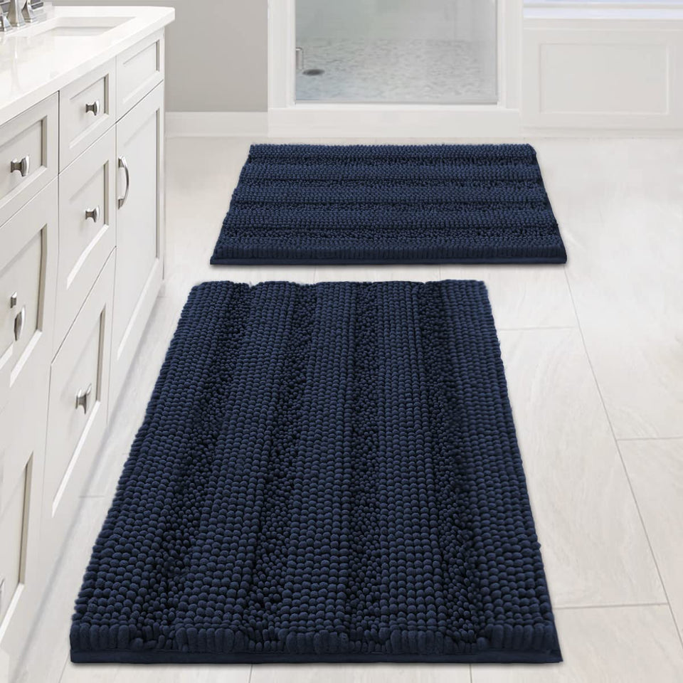 H.VERSAILTEX navy blue bath rug set with stripe pattern adds cozy luxury to bathrooms.