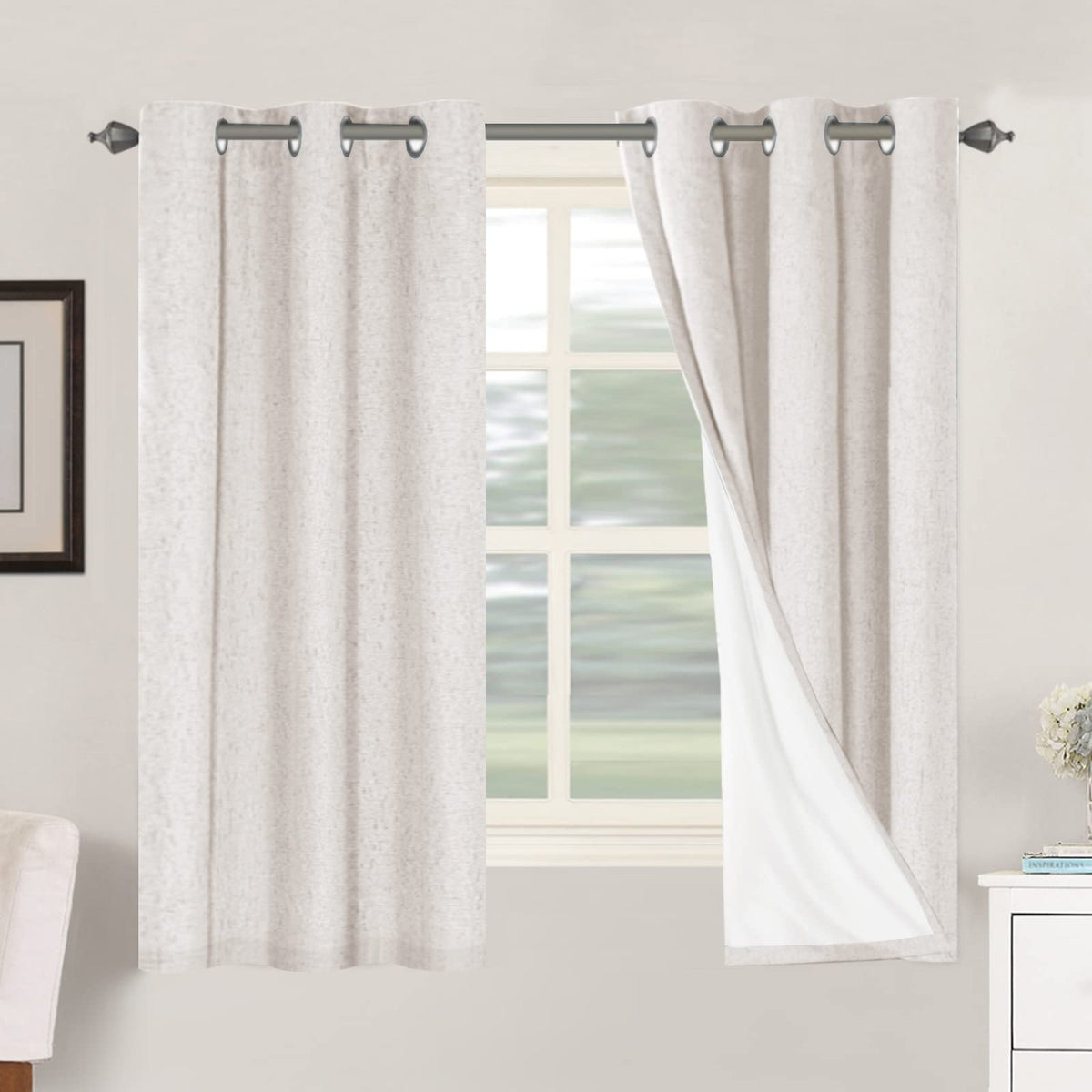H.VERSAILTEX Primitive Linen Curtains ivory, front view, two-panel setup for light control and privacy.