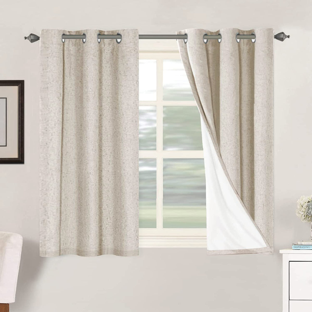 H.VERSAILTEX Primitive Linen Curtains with blackout panels in natural, ideal for bedrooms.