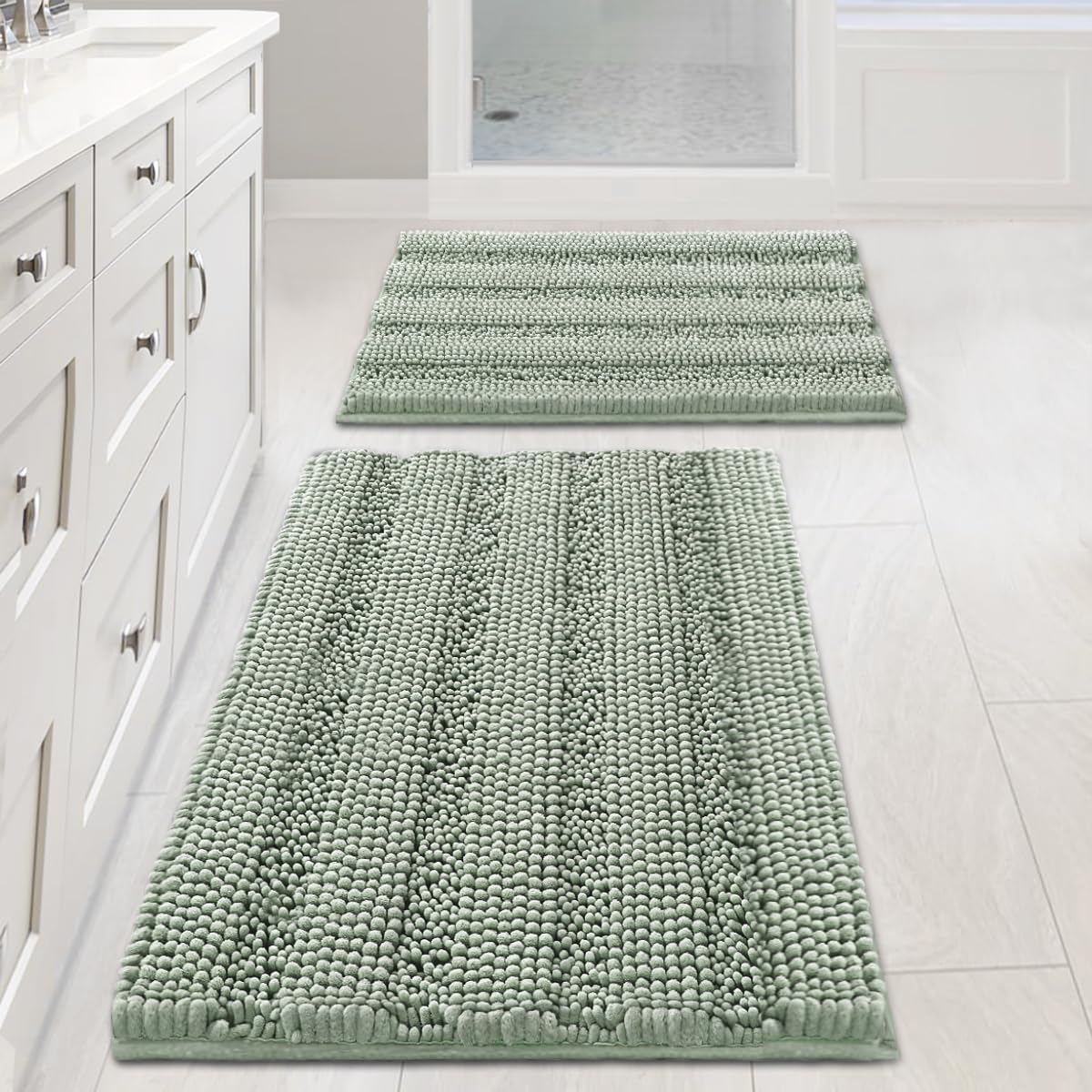 H.VERSAILTEX Sage bath rugs in chenille stripe provide plush comfort for daily steps.