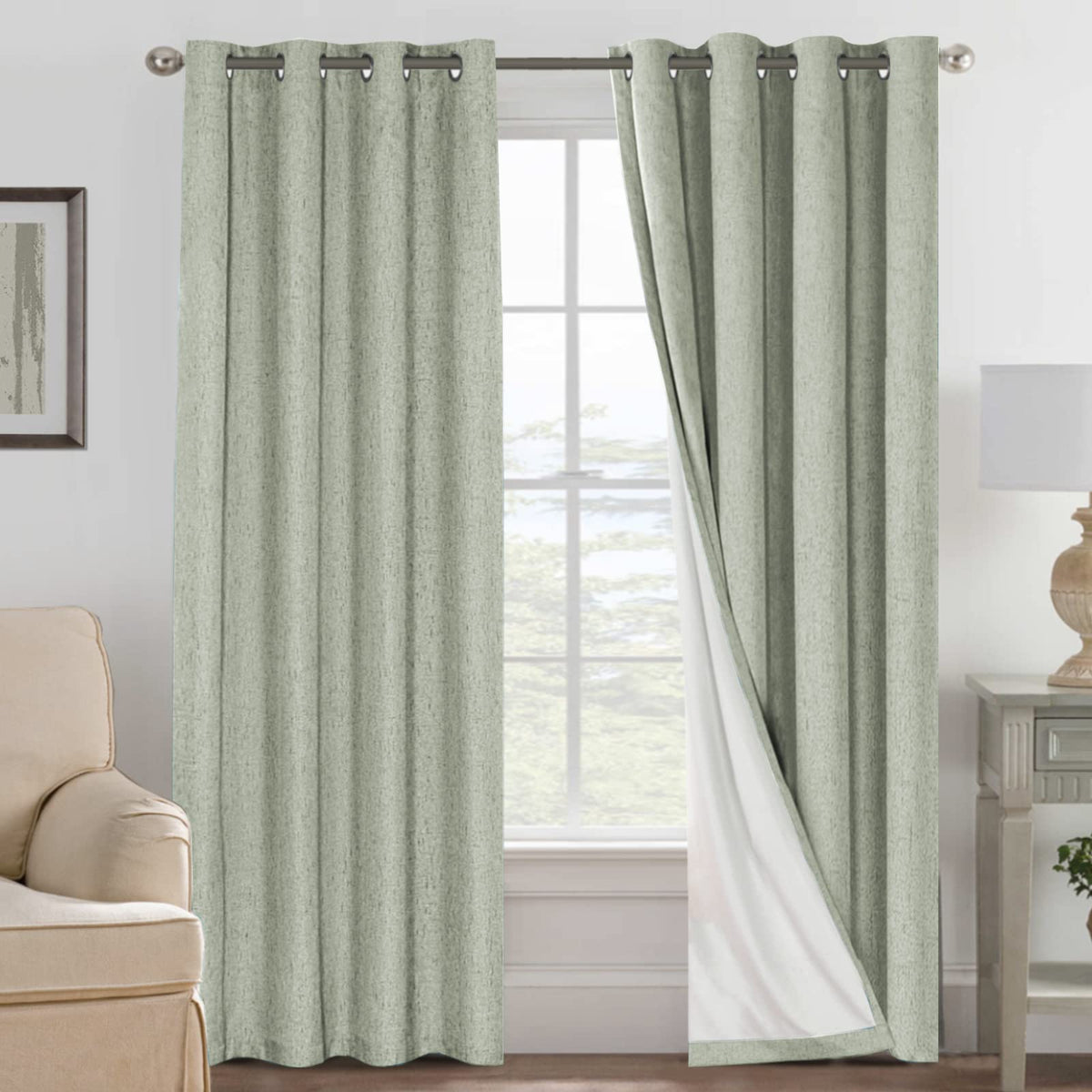 H.VERSAILTEX sage green blackout panel front view showing fabric texture and color