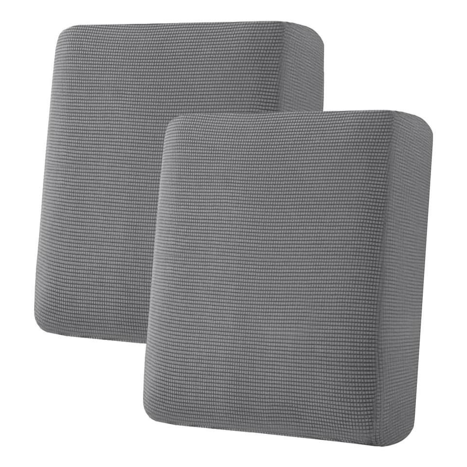 H.VERSAILTEX 2-piece grey cushion slipcover on a sofa shows snug fit and texture.