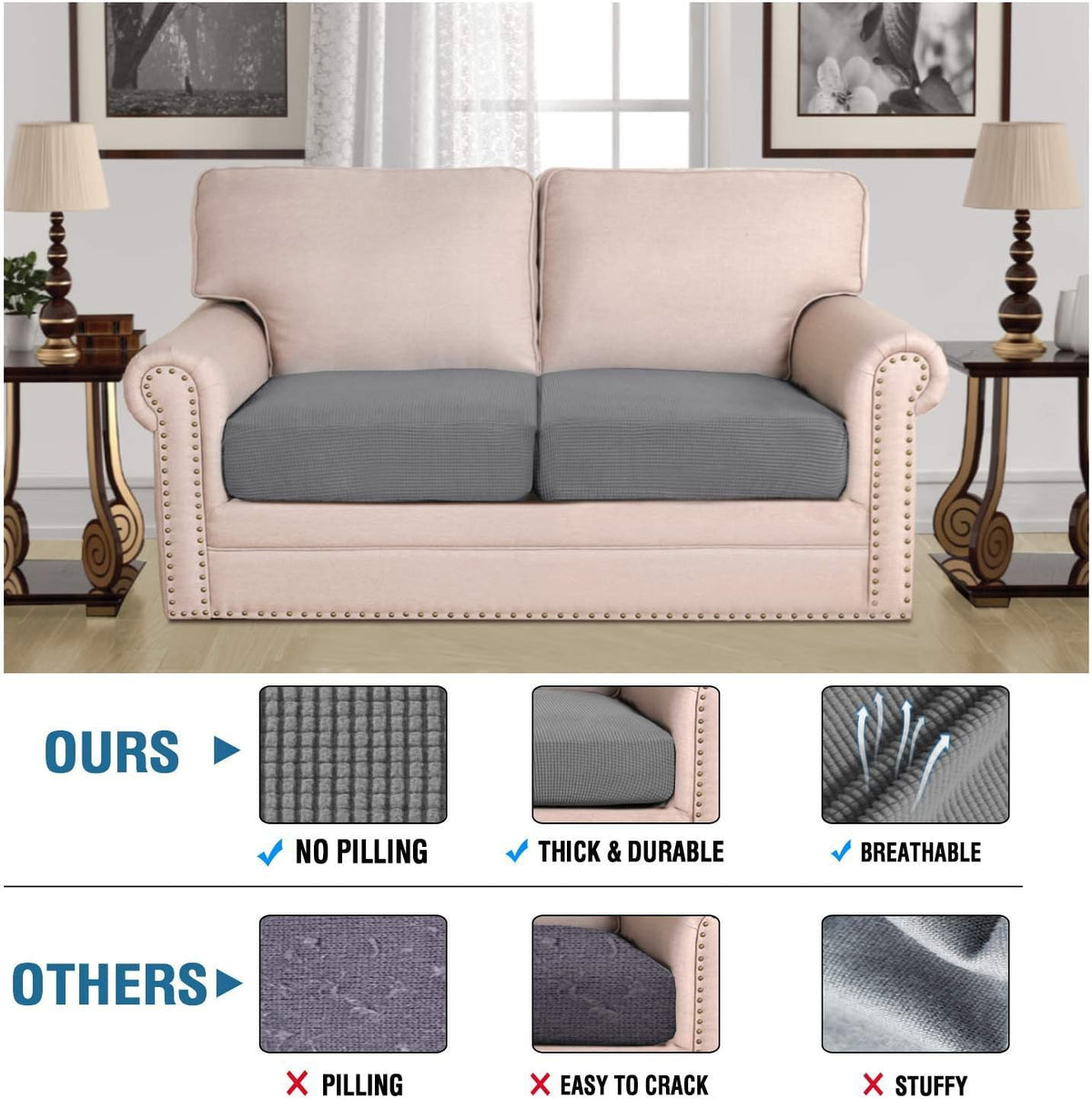 Close-up of textured jacquard fabric on H.VERSAILTEX slipcover highlighting durability.