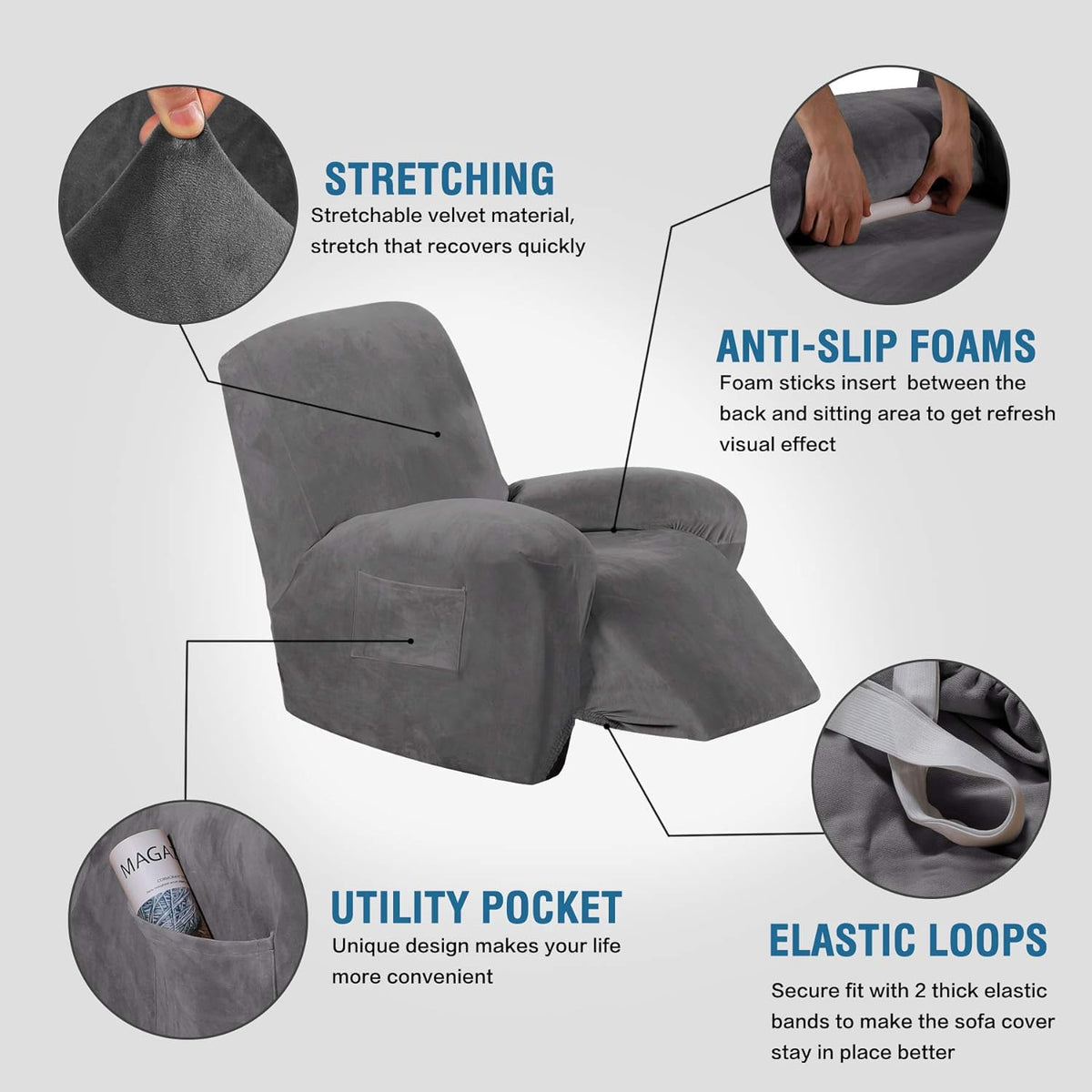 H.VERSAILTEX velvet recliner cover grey side view, shows one-piece design and quick styling.