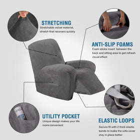 H.VERSAILTEX velvet recliner cover grey side view, shows one-piece design and quick styling.