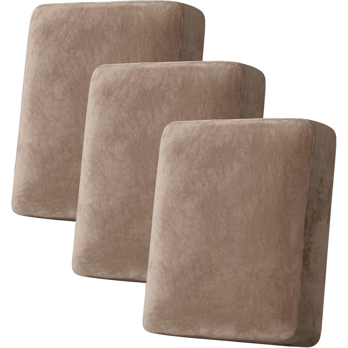H.VERSAILTEX velvet stretch cushion cover in camel provides a snug sofa fit and protection.