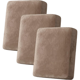 H.VERSAILTEX velvet stretch cushion cover in camel provides a snug sofa fit and protection.