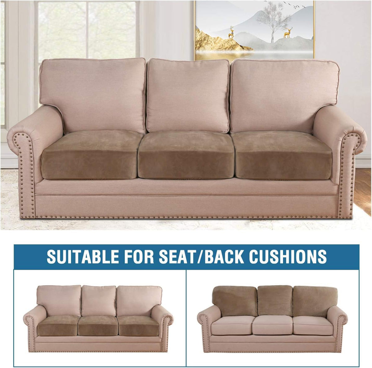H.VERSAILTEX velvet stretch cushion cover camel-03 keeps cushions in place on leather and fabric sofas.