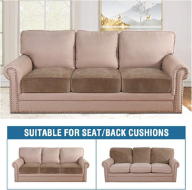 H.VERSAILTEX velvet stretch cushion cover camel-03 keeps cushions in place on leather and fabric sofas.