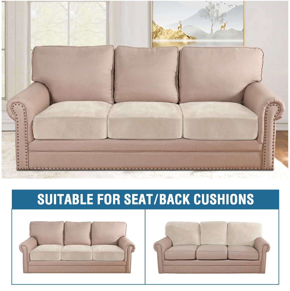 H.VERSAILTEX elastic-bottom cushion cover demonstrates non-slip secure fit.