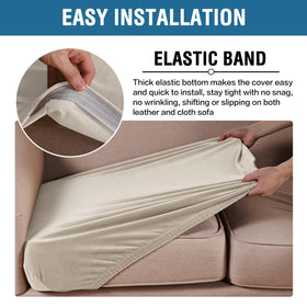 Cushion cover stretched over rectangular seat cushion demonstration