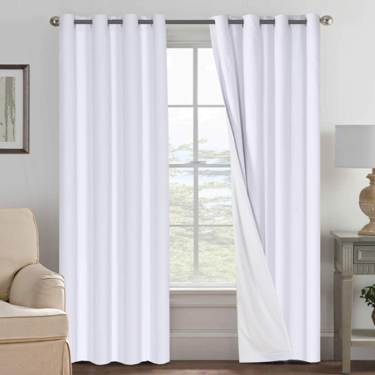 H.VERSAILTEX white blackout curtains package with two panels for privacy.