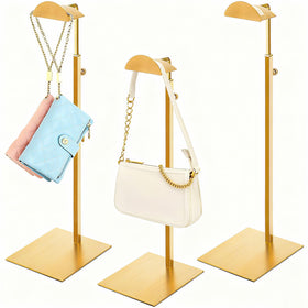 Hacaroa gold 3-pack purse display stand keeps bags neatly organized on a counter.