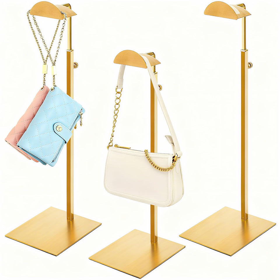 Hacaroa gold 3-pack purse display stand keeps bags neatly organized on a counter.