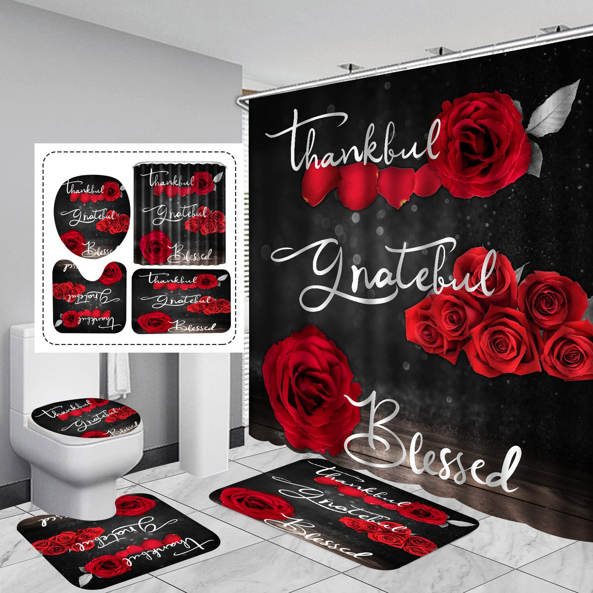 Hadint red rose shower curtain set with vivid HD print for a refreshed bathroom ambiance.