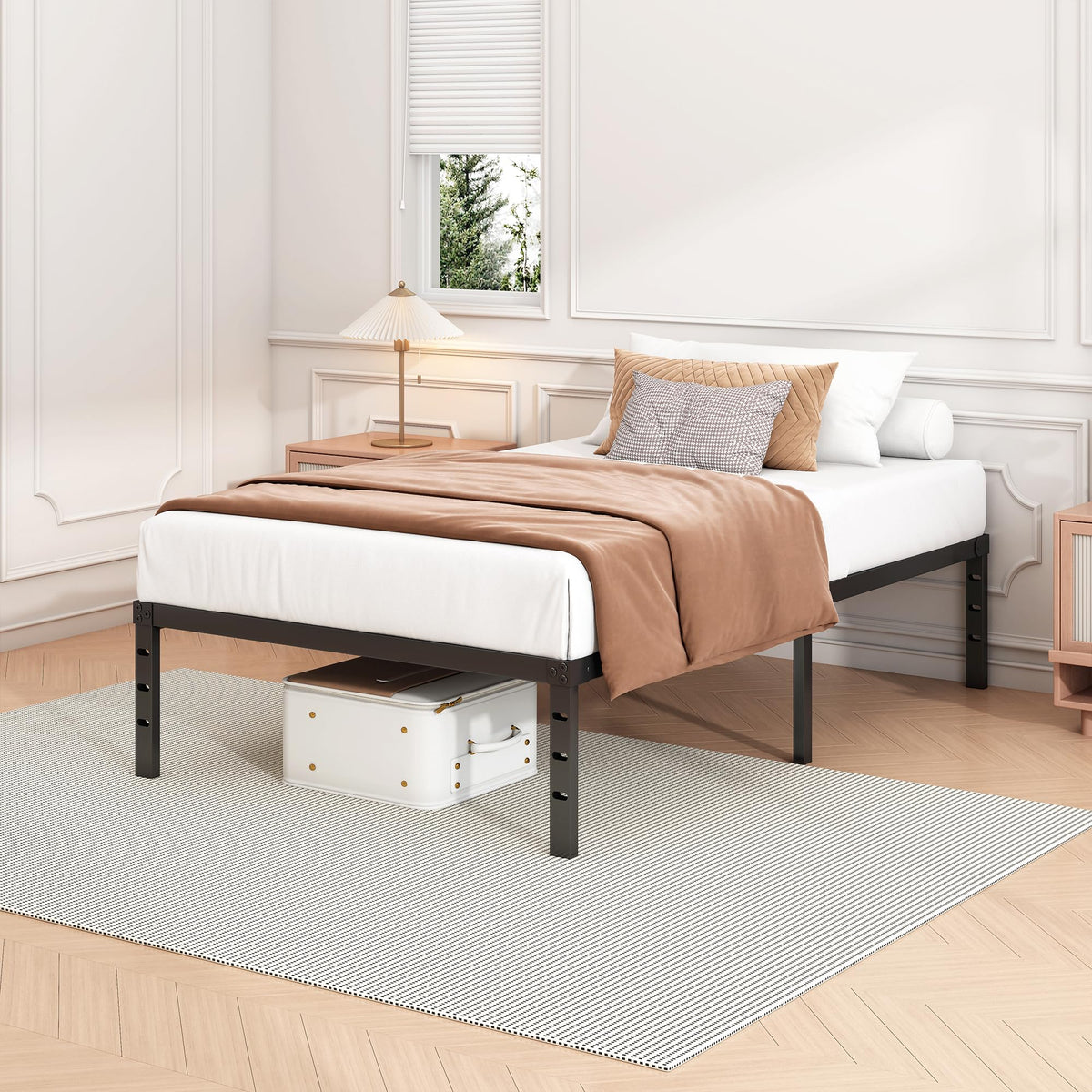 Hafenpo 12 Inch Twin Bed Frame headboard closeup highlights reinforced legs for stability