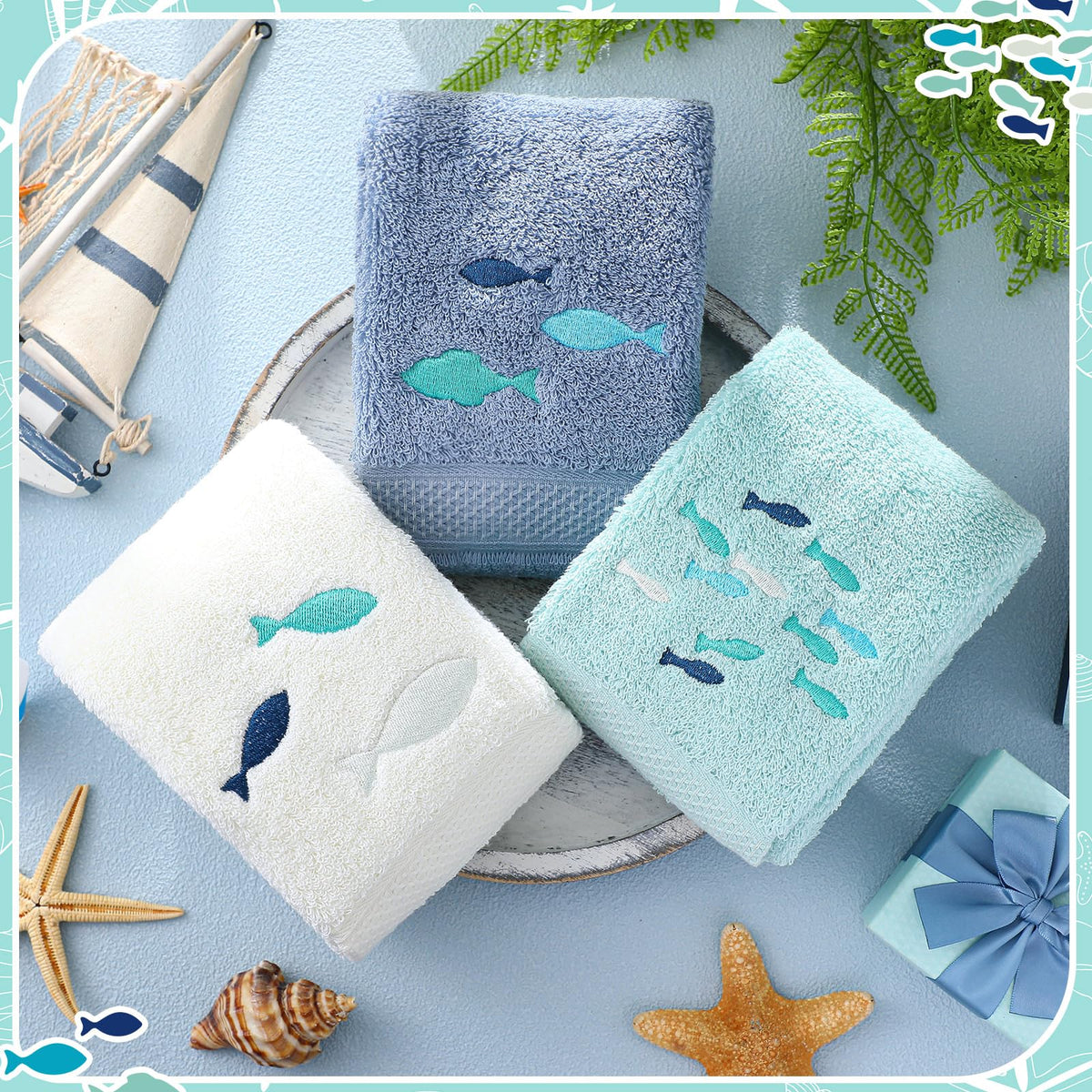 Hahafelt coastal towel set enhances bathroom decor with fish embroidery