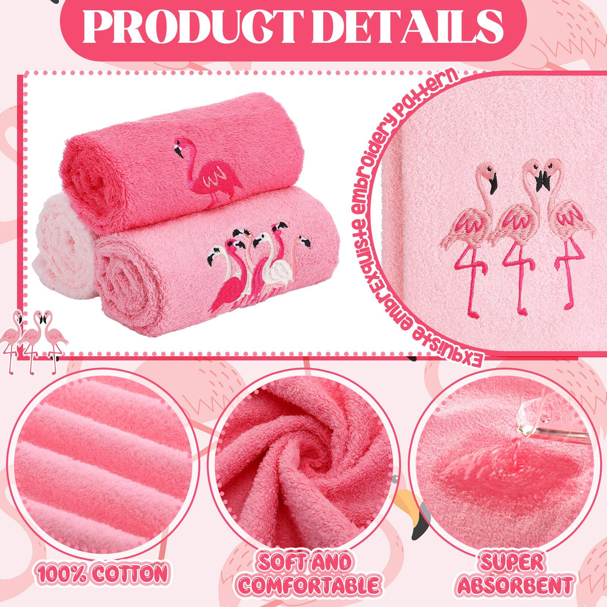 Hahafelt pink flamingo hand towels closeup embroidery detail