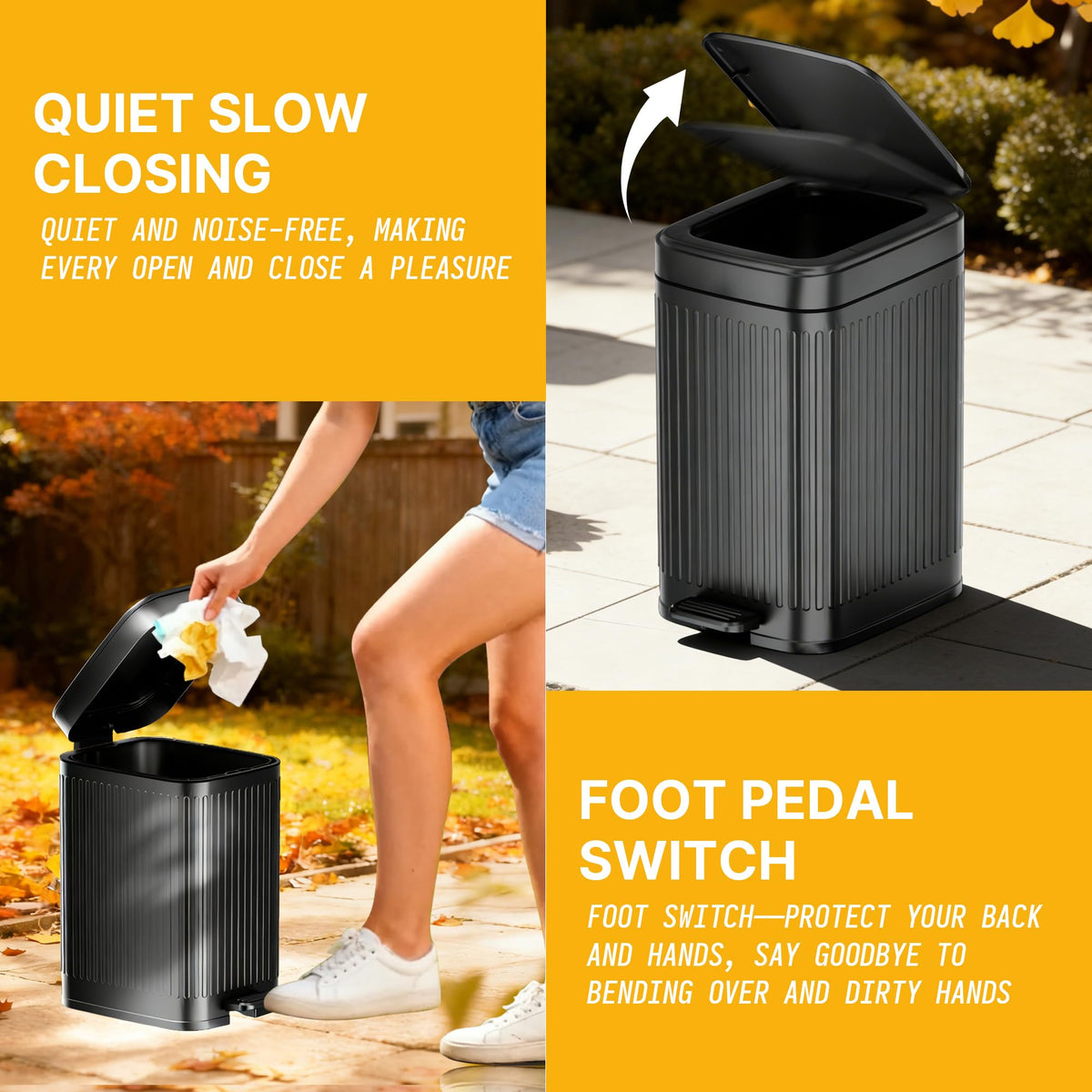 Hahhomei soft-close lid ensures quiet, gentle closing after waste disposal.